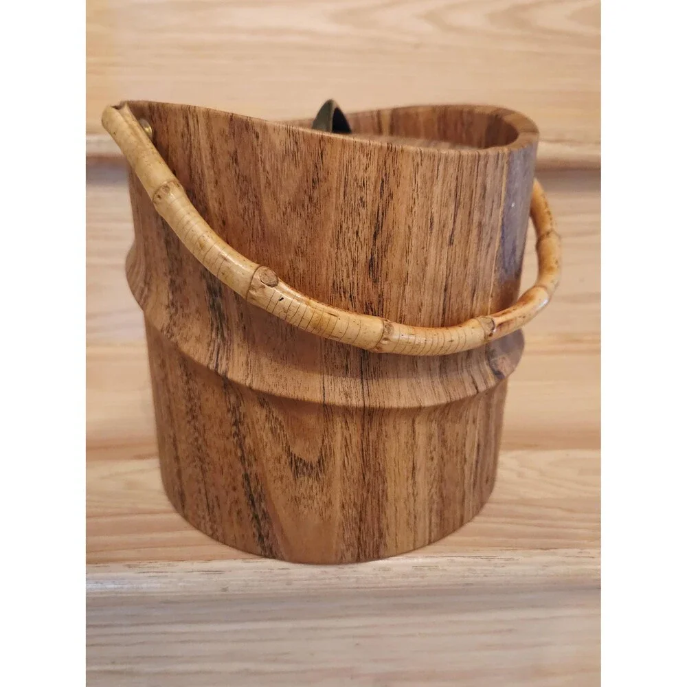 Vintage MCM Kraftware Faux Wood Ice Bucket with Bamboo Handle Made in USA